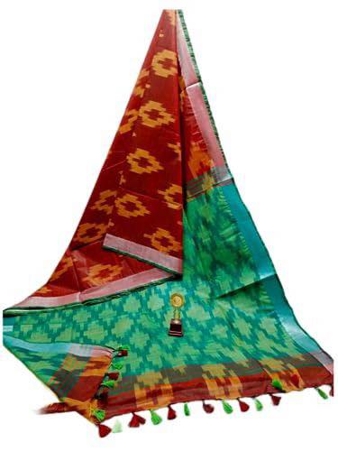 Ikkat Reddish Orange with sea green pallu saree