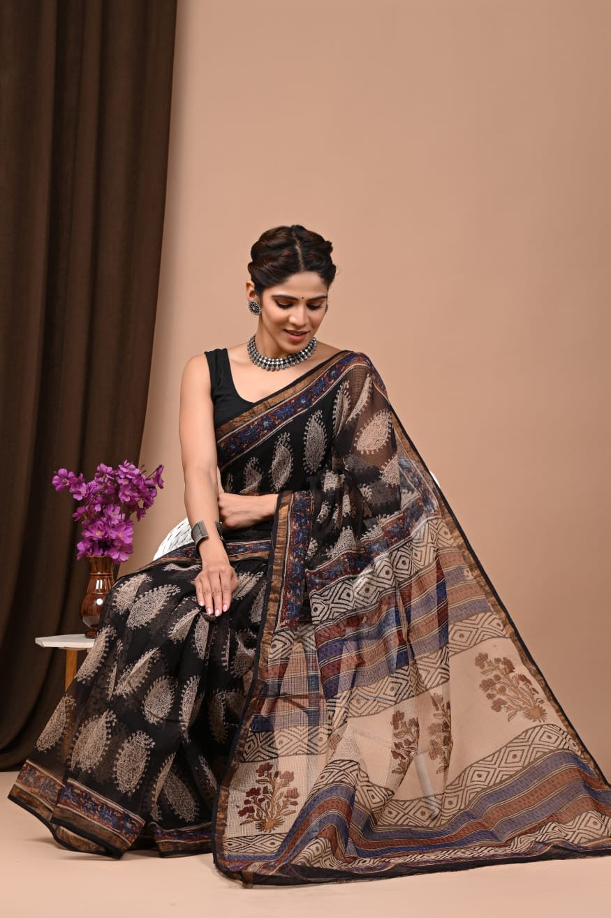 Kota doria black with cream border saree