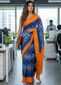 Blue with Orange soft cotton saree with jaipur block printed work