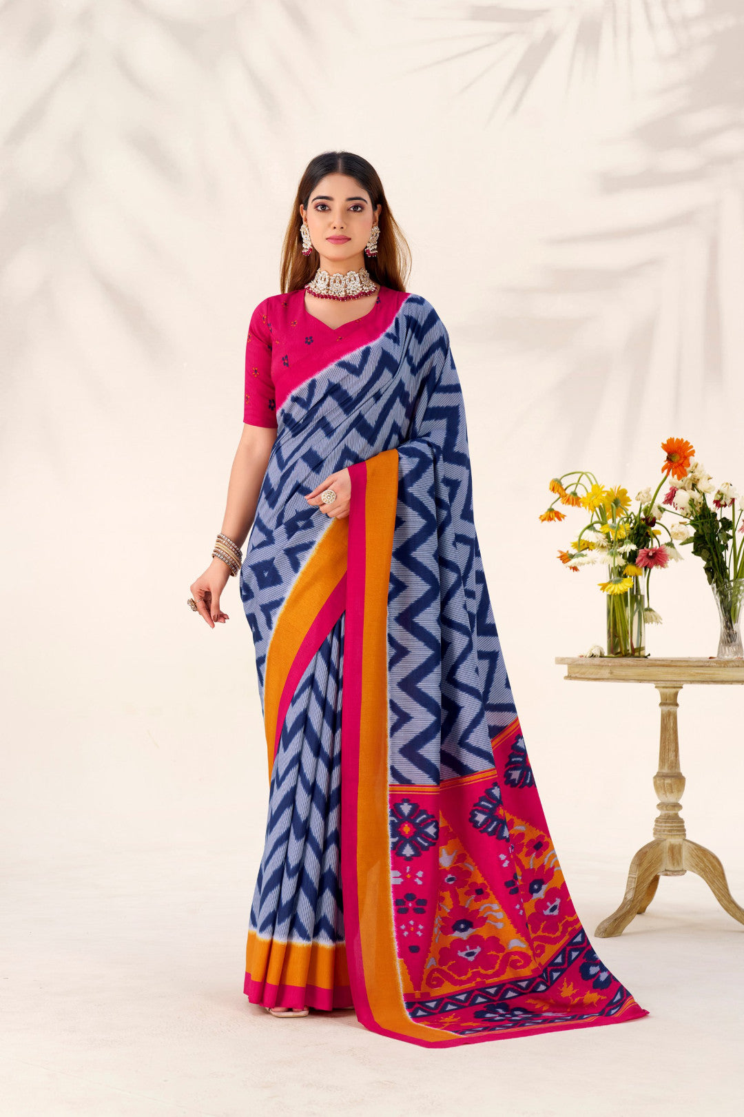 Blue soft tussar silk saree with printed work