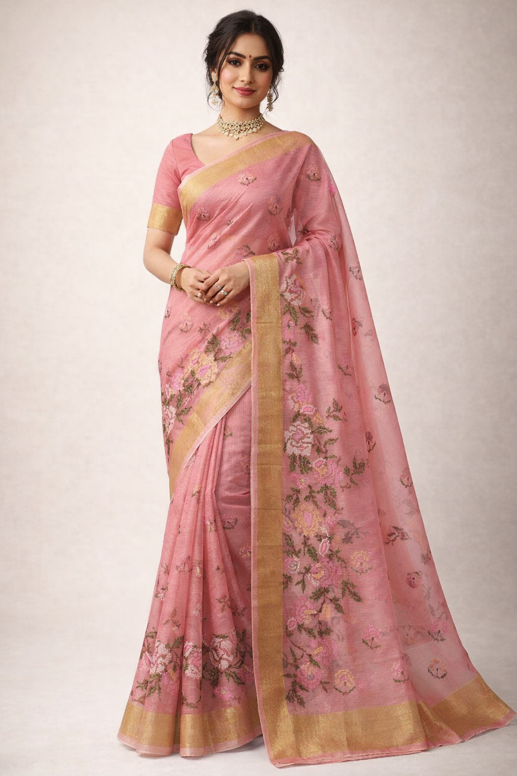 Embroidered Kota Cotton Peach Saree