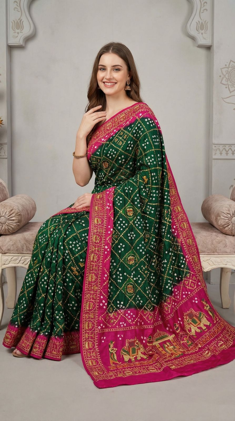 Dark Green bandhej silk saree with embroidery work