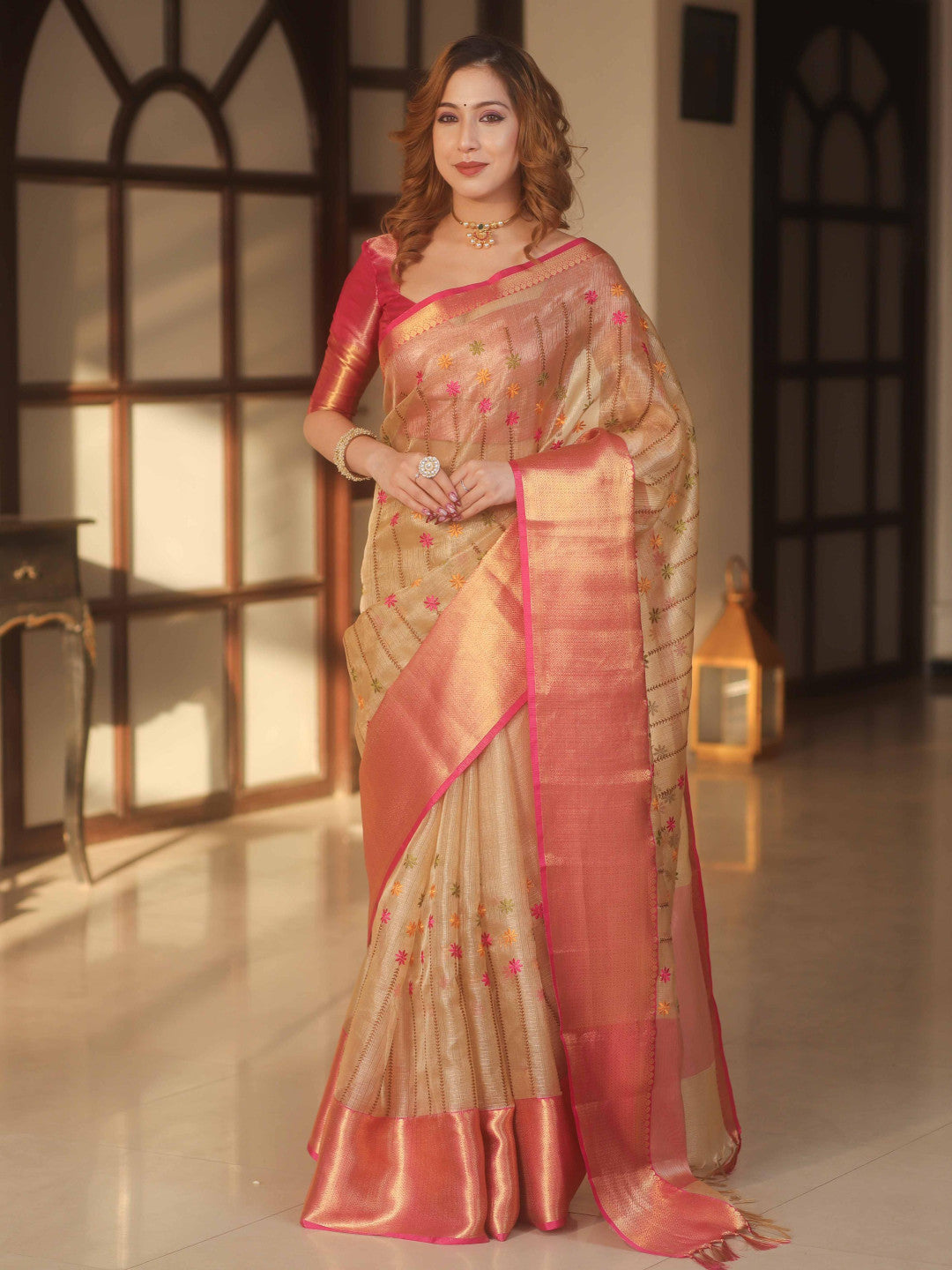Gold and pink banarasi handwoven embroidery tissue saree with zari border