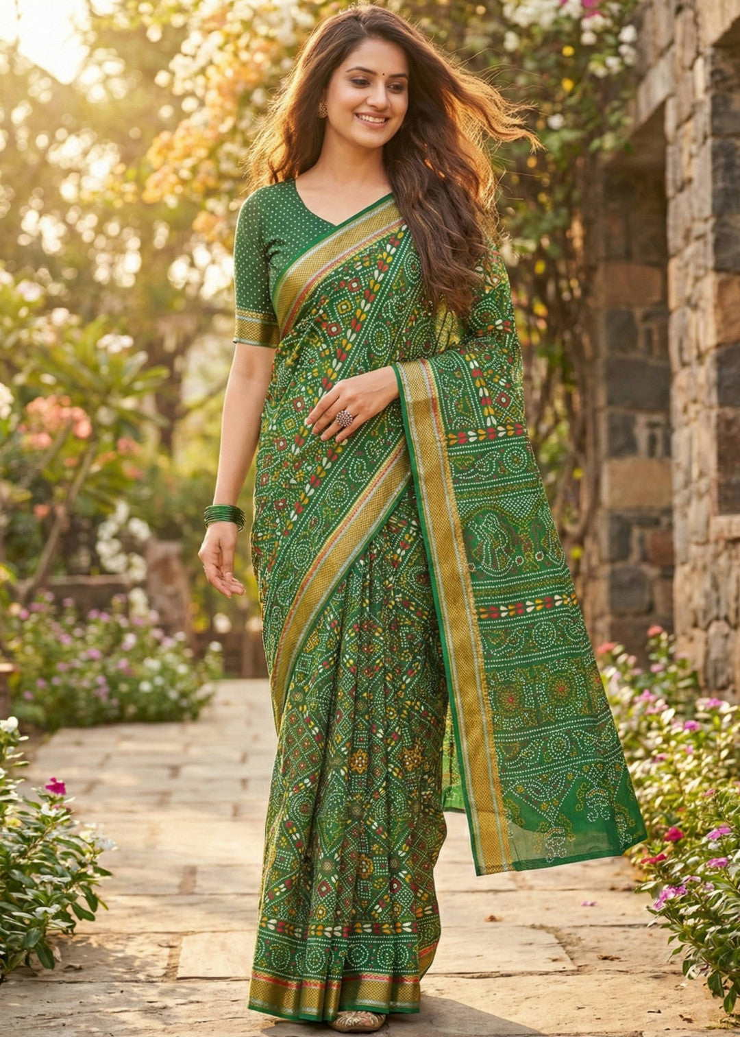 Green soft mulmul cotton saree with bandhej printed work