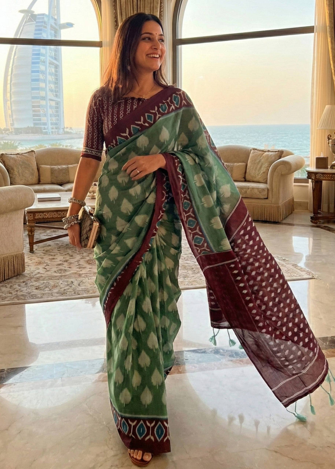 Green with brown soft cotton saree with hand bagru block printed work