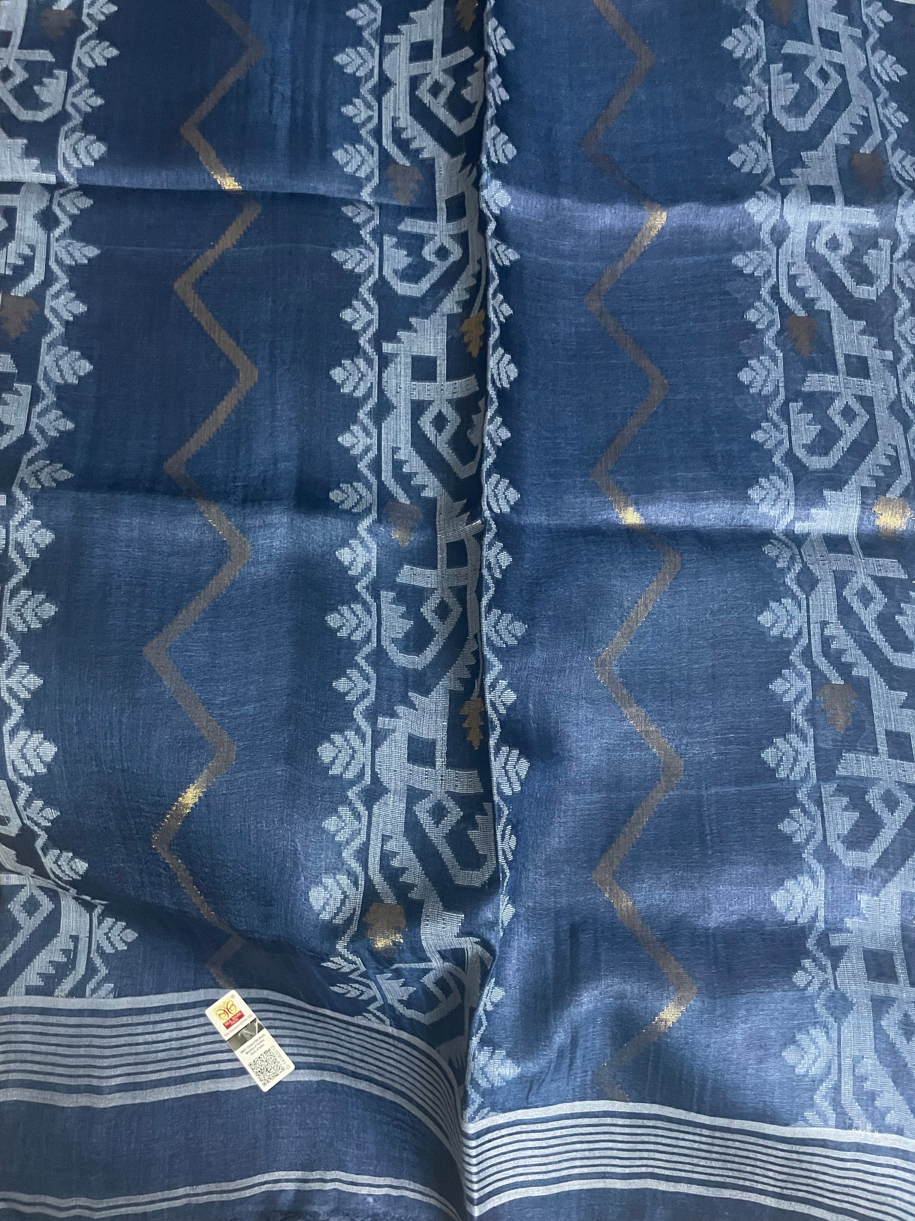 Dusty Navy Blue Tussar Pure Silk Saree