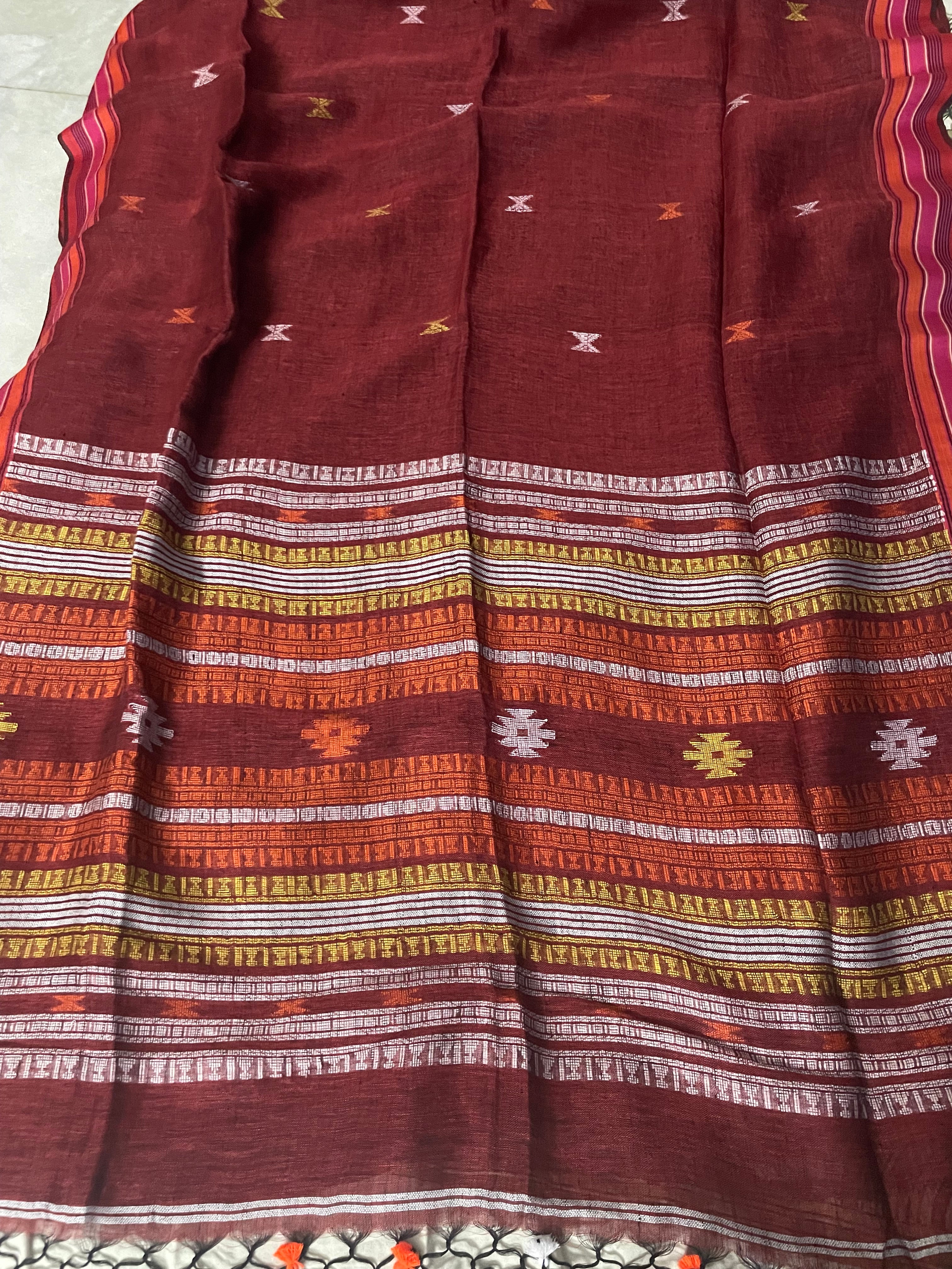 Maroon Linen Bhujodi Saree