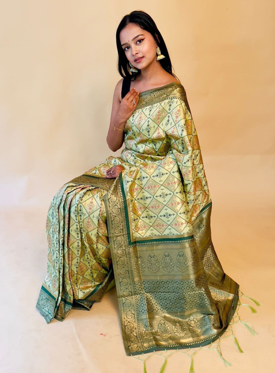 Pista green banarasi silk saree with patola weave