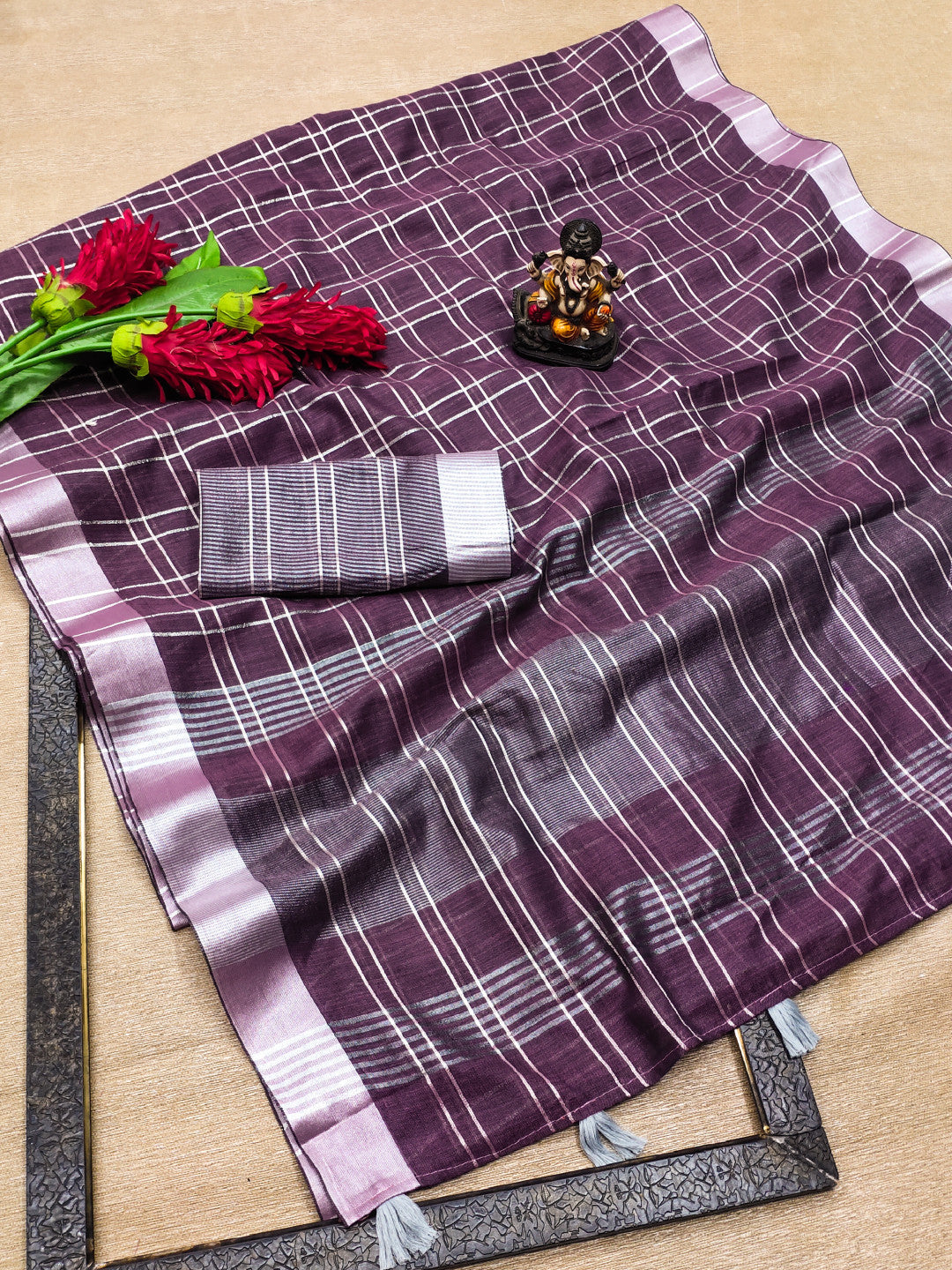 Magenta linen cotton saree with silver zari border