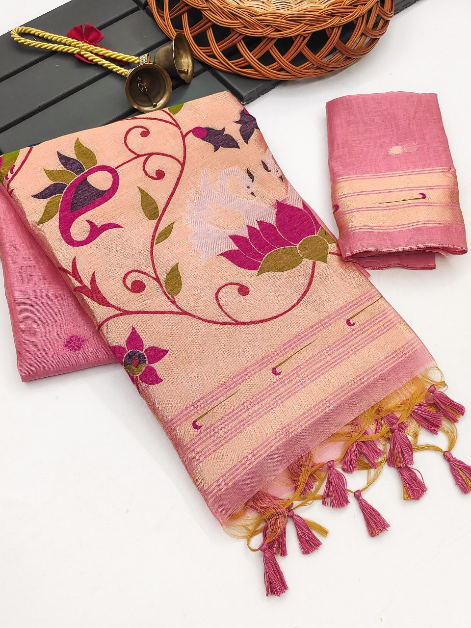 Pink premium muga cotton paithani saree