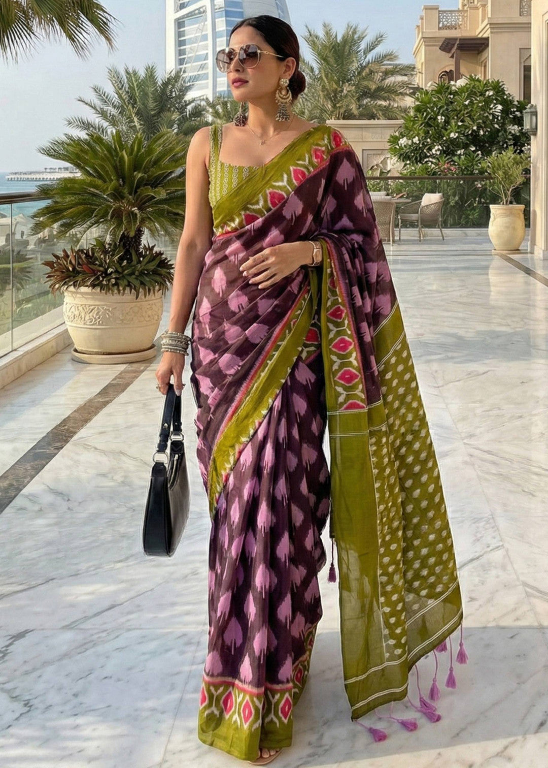 Brown Purple with green soft cotton saree with hand bagru block printed work