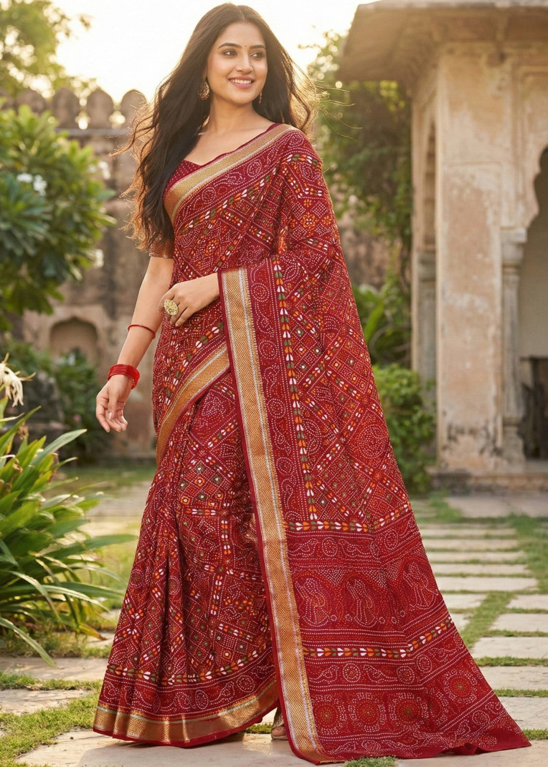Red soft mulmul cotton saree with bandhej printed work