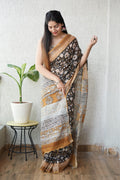 Black with brown pure linen cotton saree
