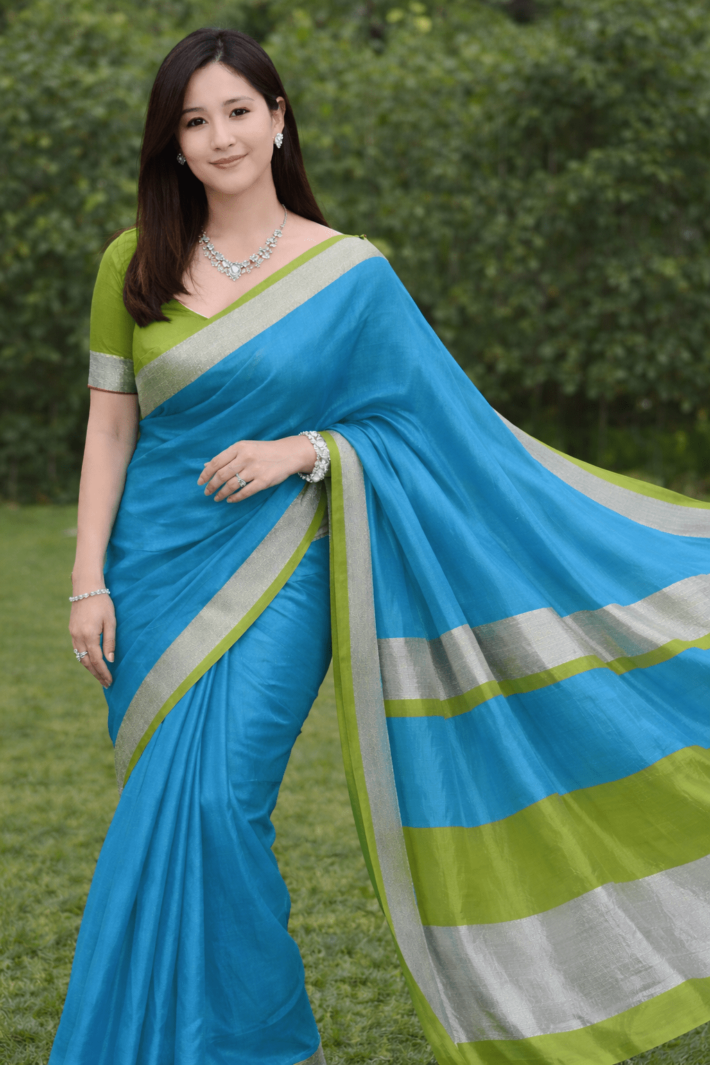 Blue saree with green blouse - Classic to Modern
