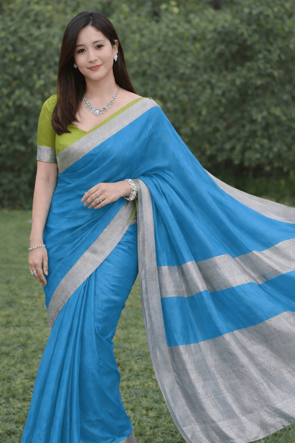 Blue saree with green blouse - Classic to Modern