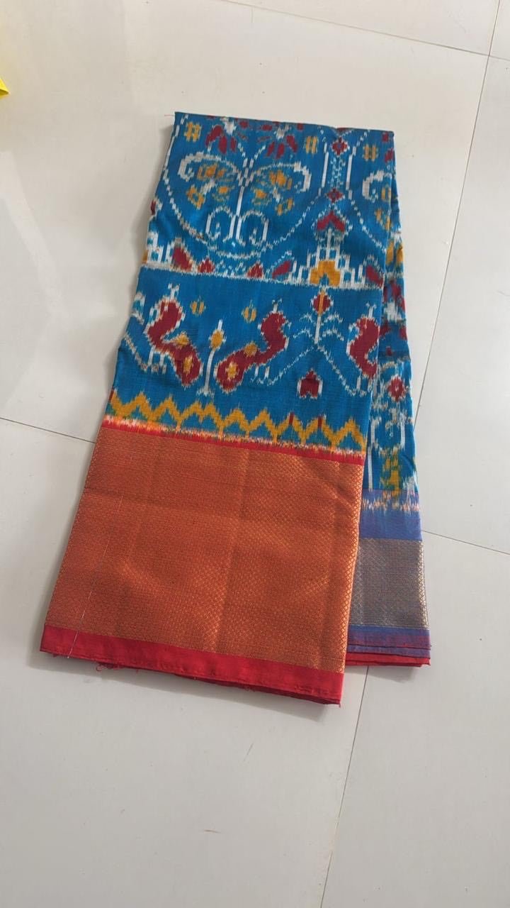 Blue with Red Border Ikkat Pattu Pavadai /Lehenga - Classic to Modern
