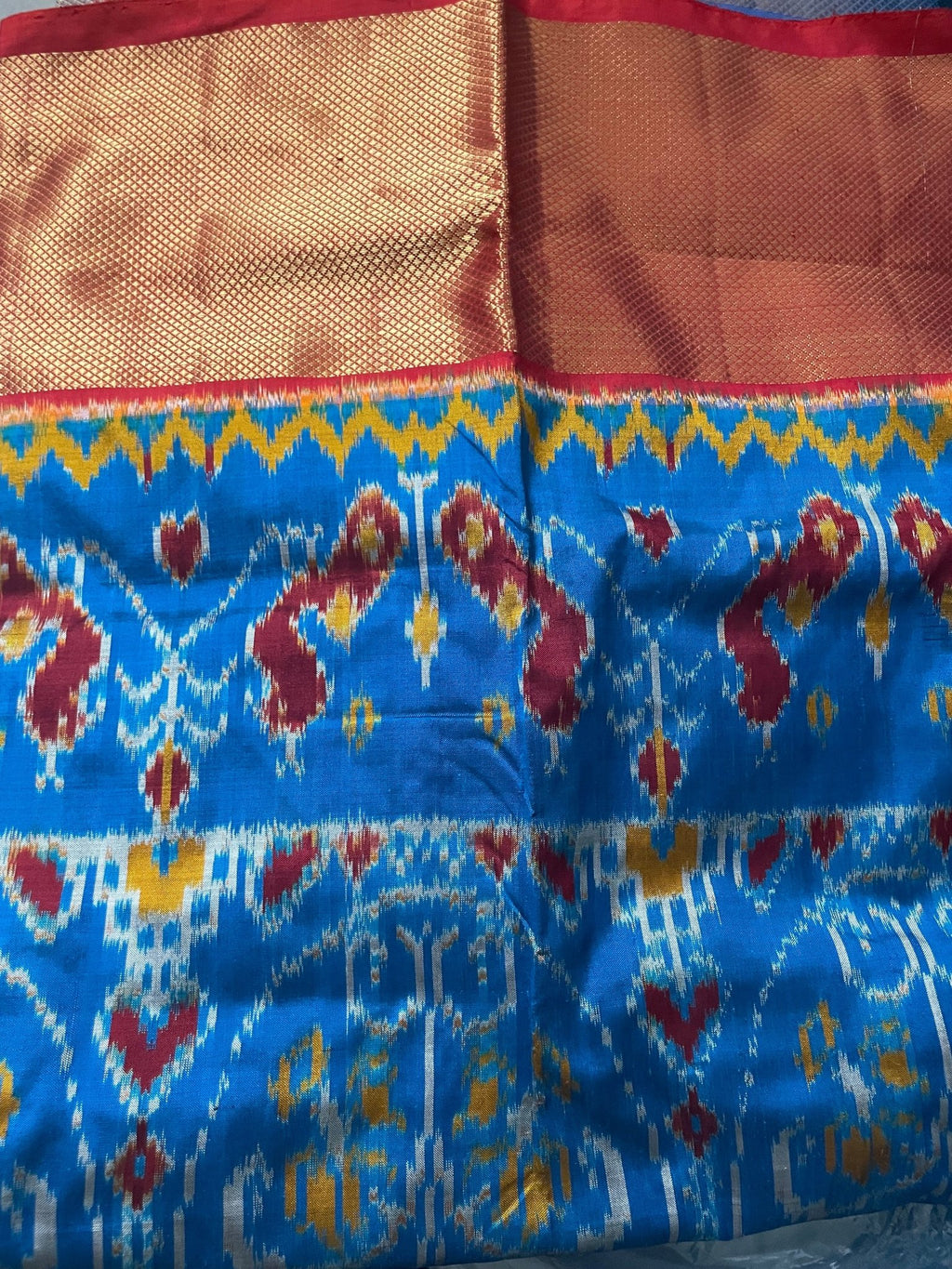Blue with Red Border Ikkat Pattu Pavadai /Lehenga - Classic to Modern