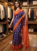 Bluish Violet with orange soft cotton saree with jaipur block printed work - Classic to Modern