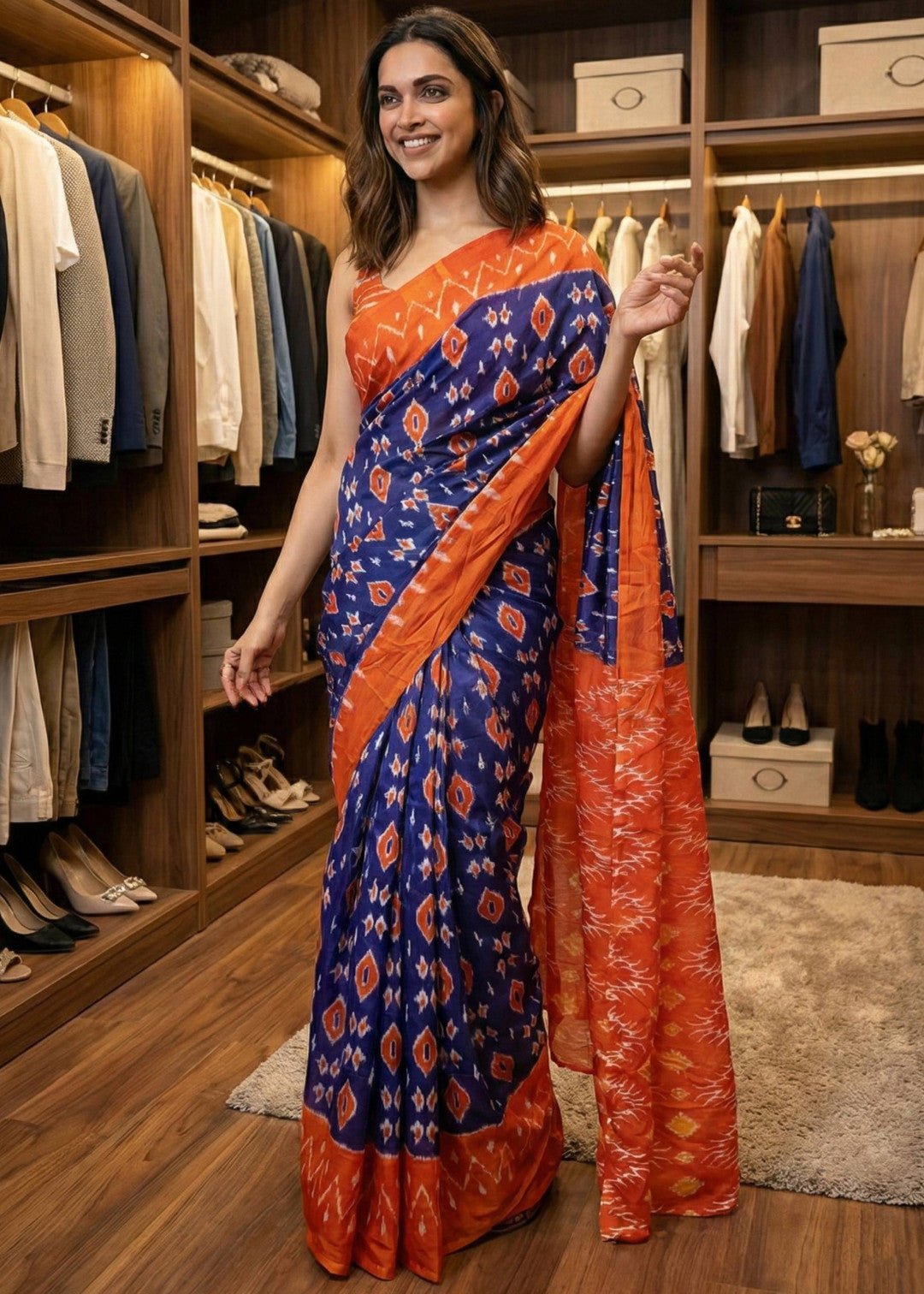 Bluish Violet with orange soft cotton saree with jaipur block printed work - Classic to Modern