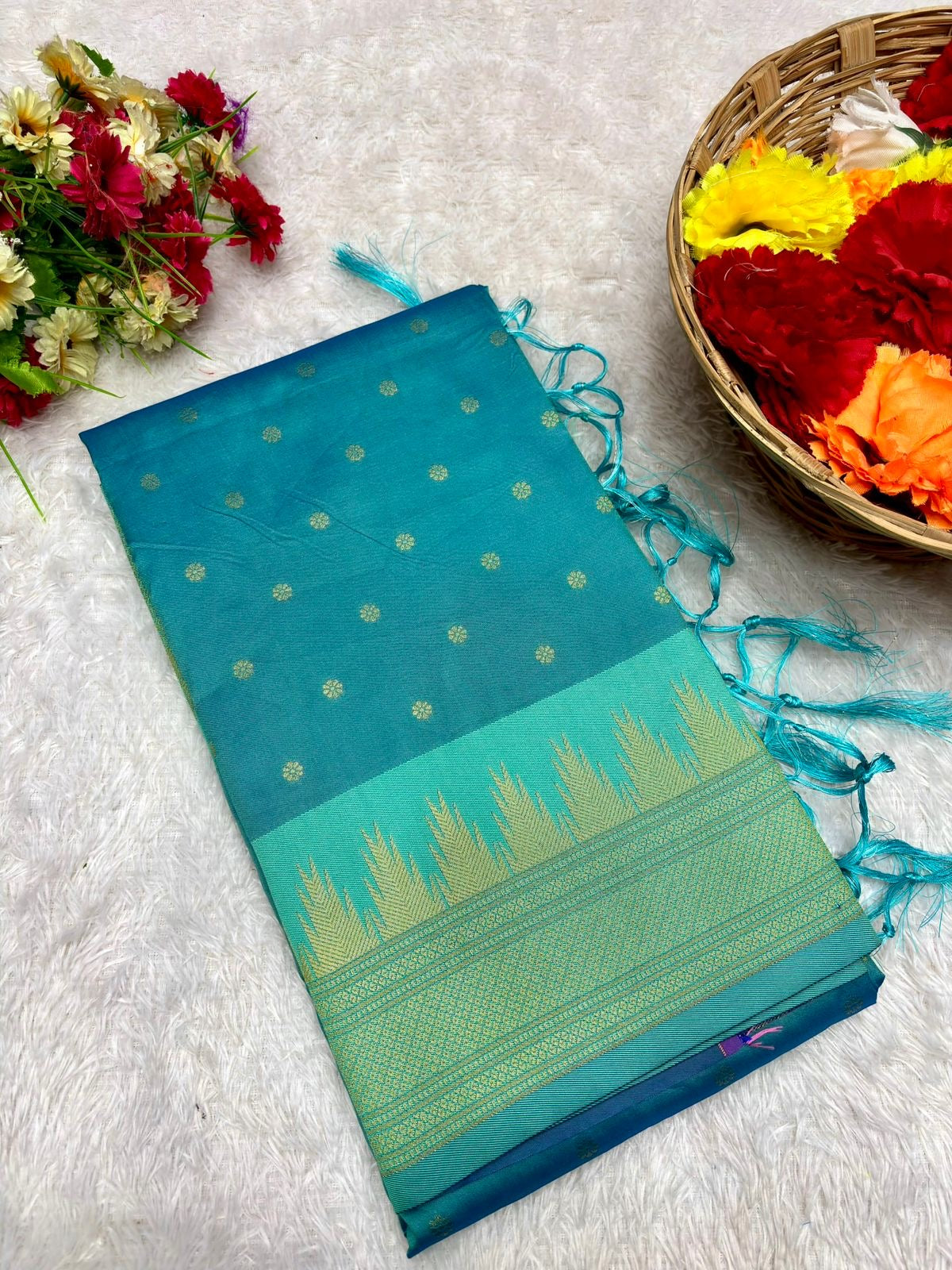 Turquoise Temple Border Paithani Saree