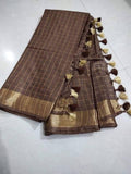 Dark Brown Golden Check Pure Linen Saree - Classic to Modern