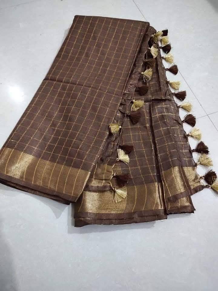 Dark Brown Golden Check Pure Linen Saree - Classic to Modern
