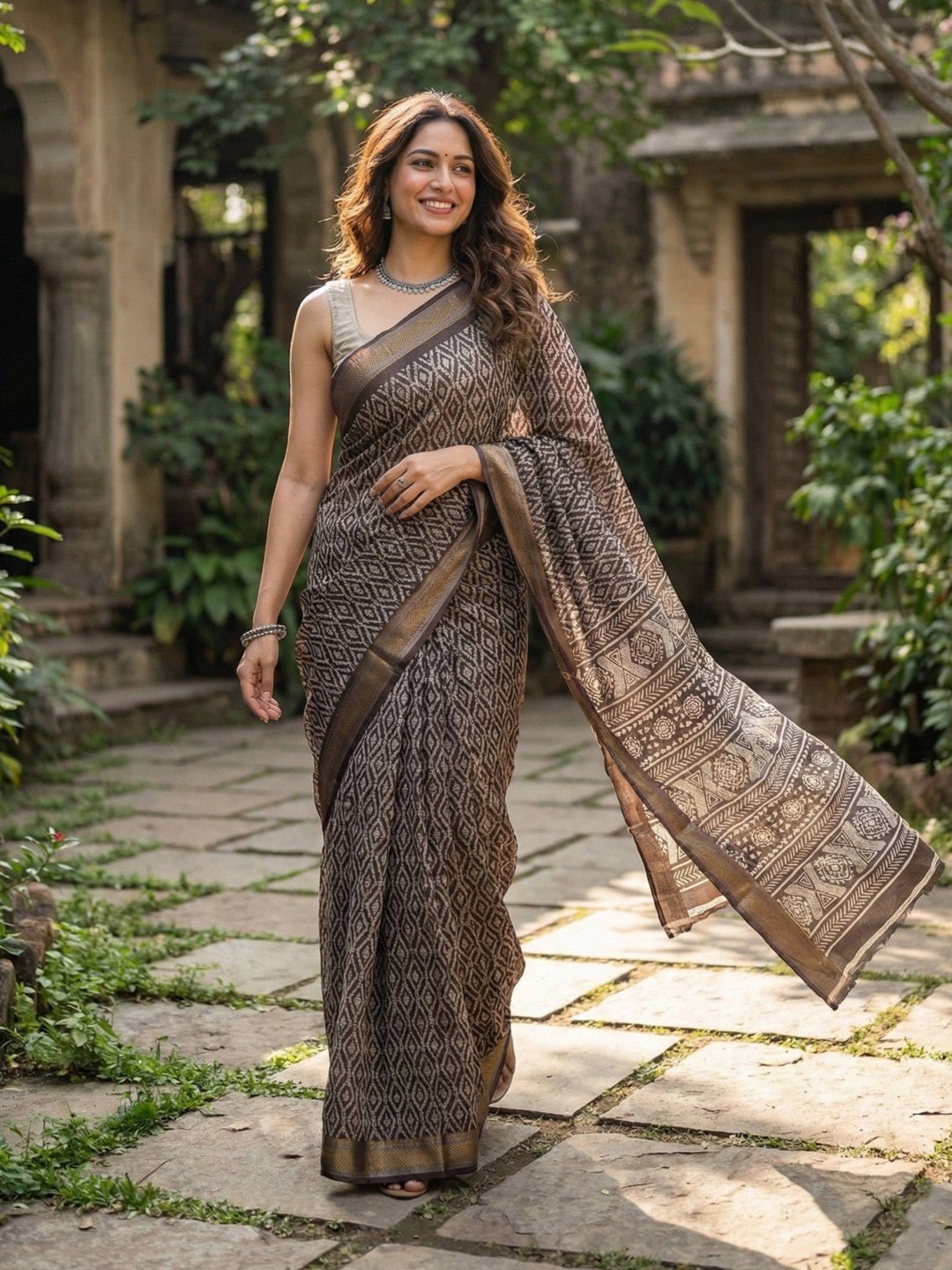 Dark Brown soft mulmul cotton saree with zari border - Classic to Modern