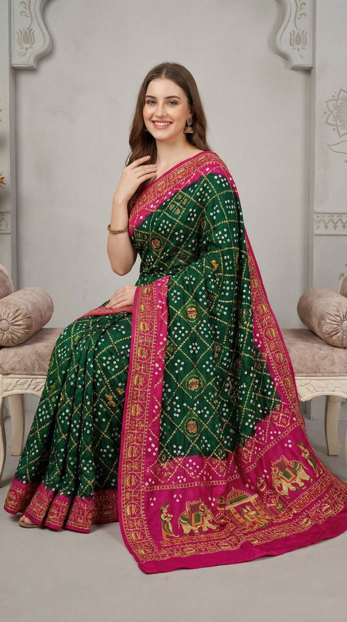 Dark Green bandhej silk saree with embroidery work - Classic to Modern