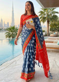 Deep Sea Blue with orange cotton saree with hand bagru block printed work - Classic to Modern