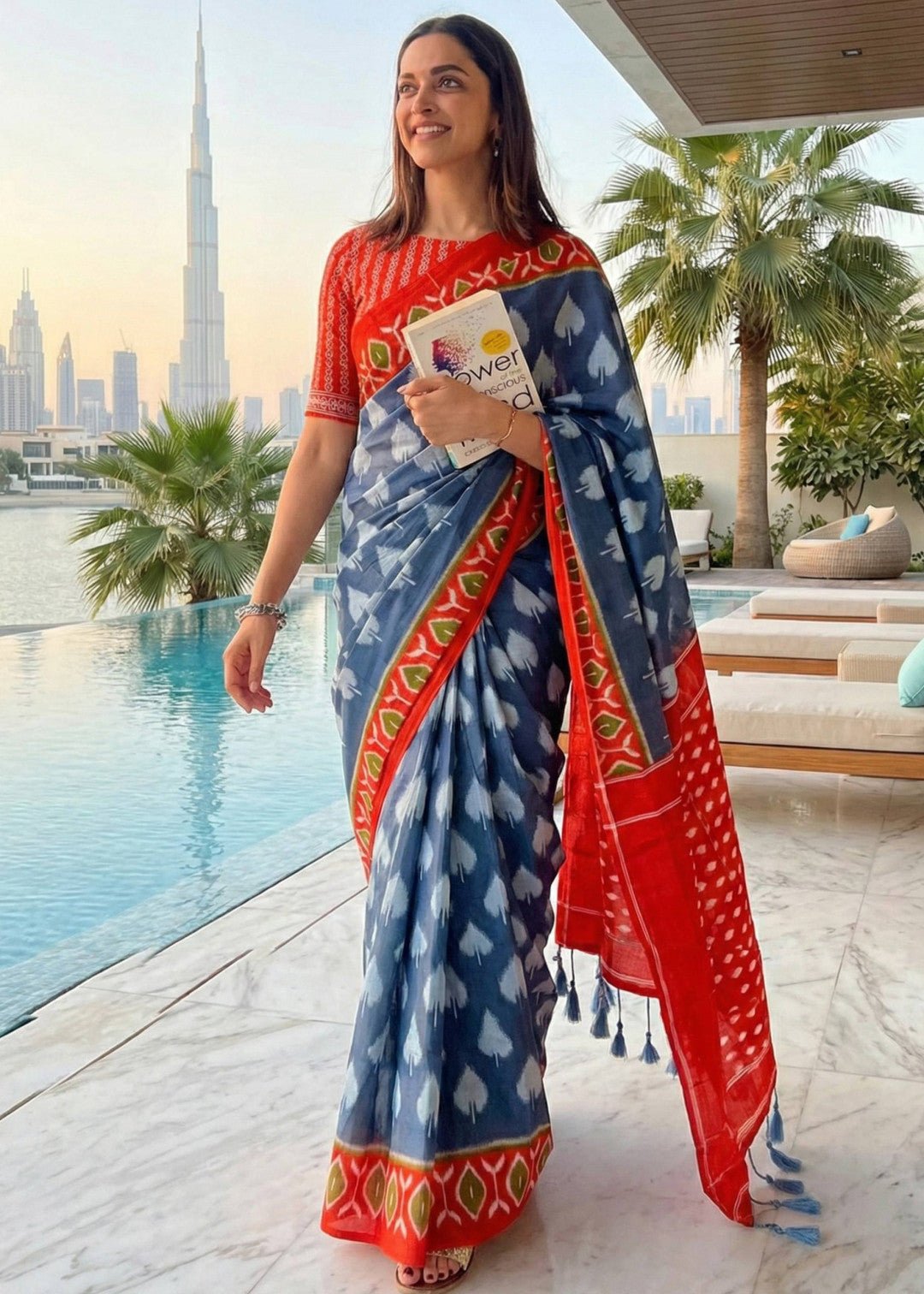 Deep Sea Blue with orange cotton saree with hand bagru block printed work - Classic to Modern