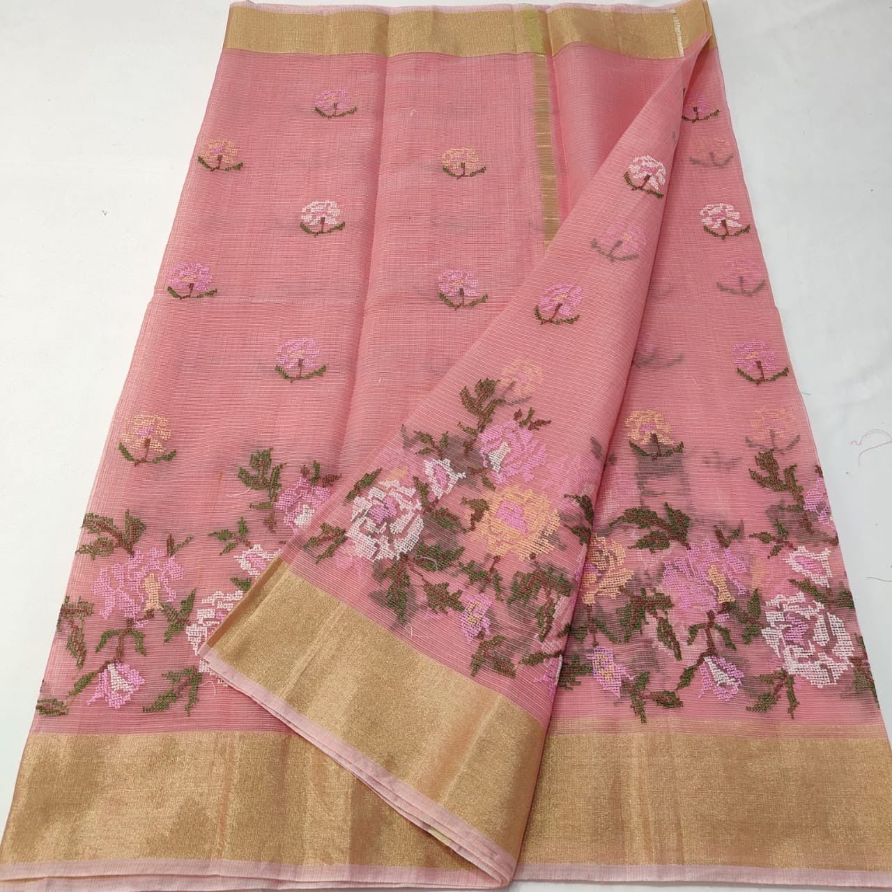 Embroidered Kota Cotton Peach Saree - Classic to Modern