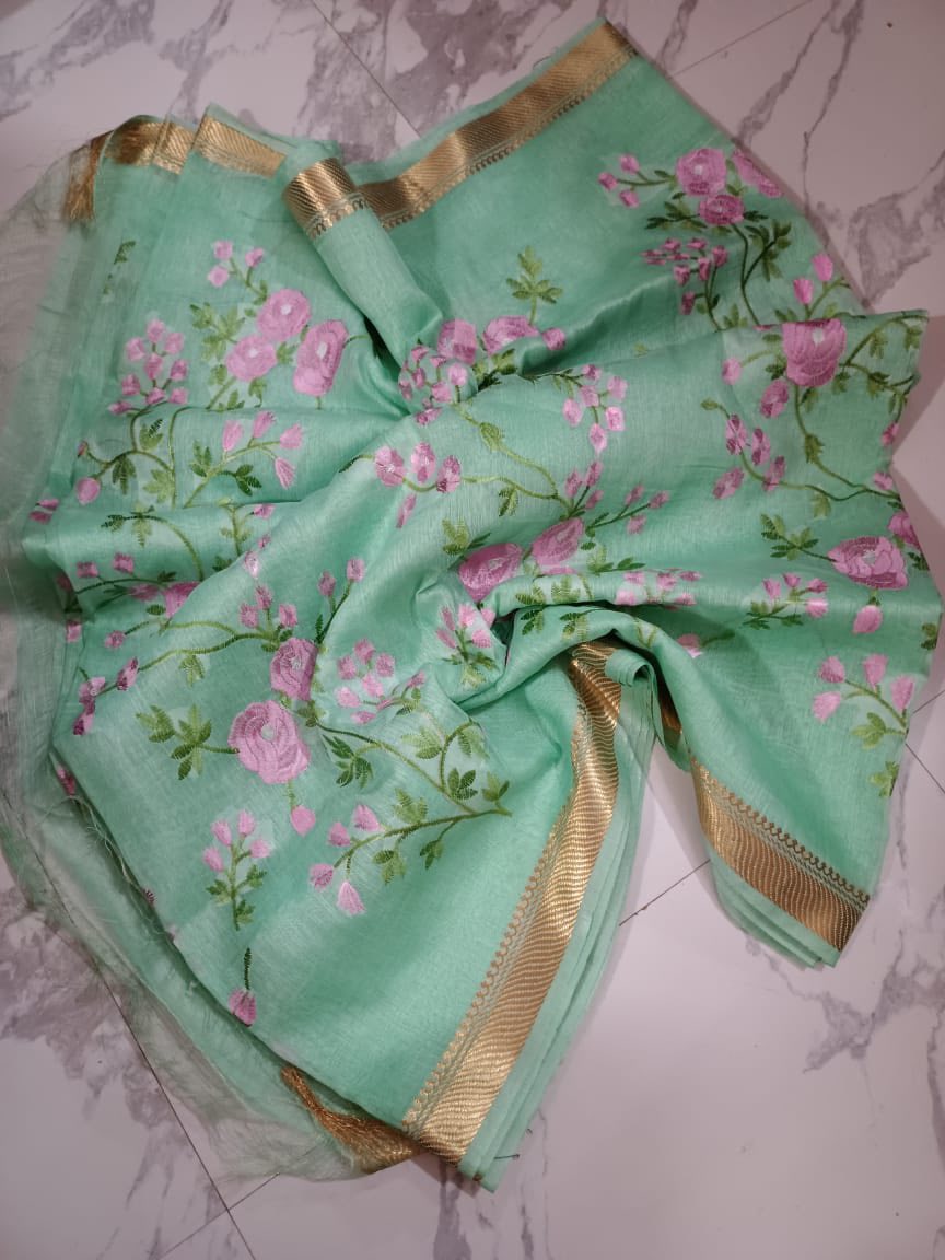 Embroidered Kota Cotton Sea Green Saree - Classic to Modern