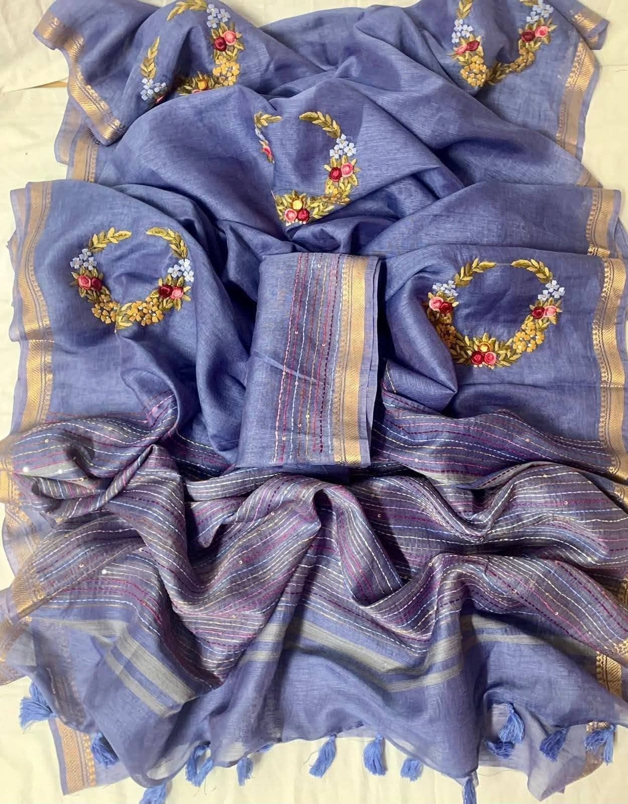 Embroidered Linen Silk Blue Saree - Classic to Modern