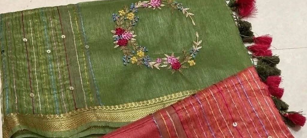Embroidered Linen Silk Green saree - Classic to Modern