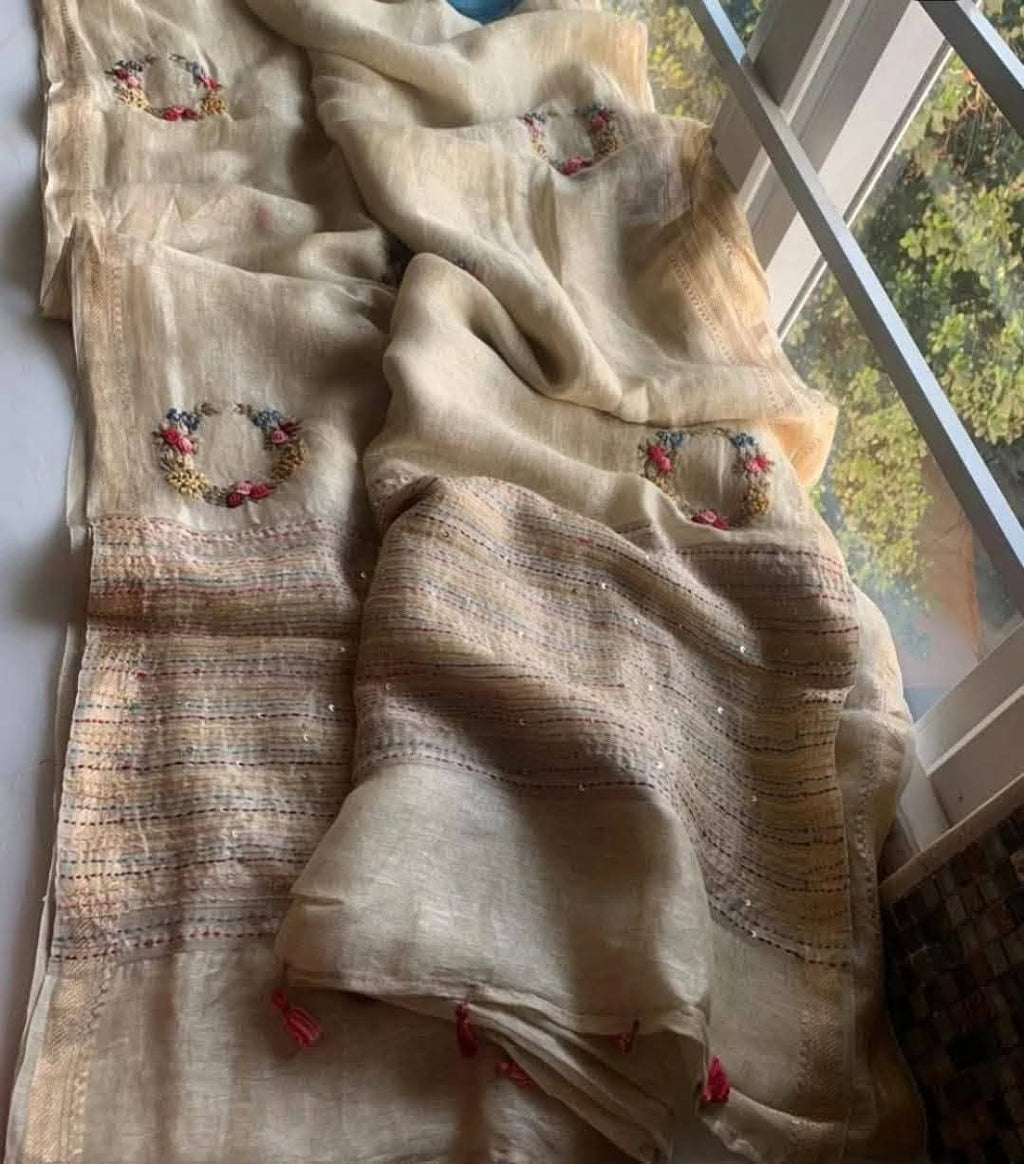 Embroidered Linen Silk Off White Saree - Classic to Modern