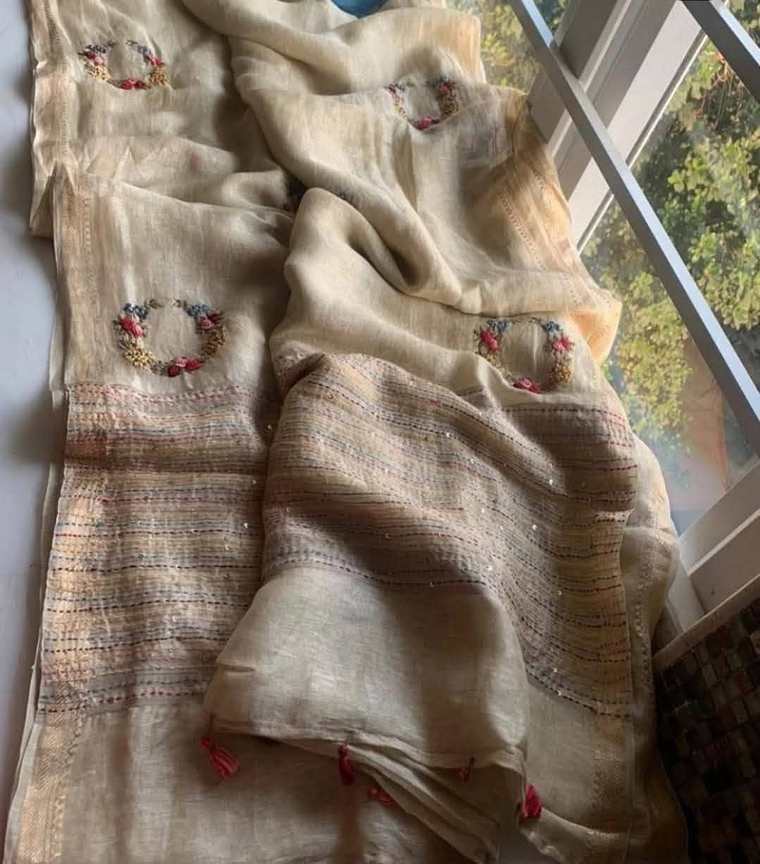 Embroidered Linen Silk Off White Saree - Classic to Modern