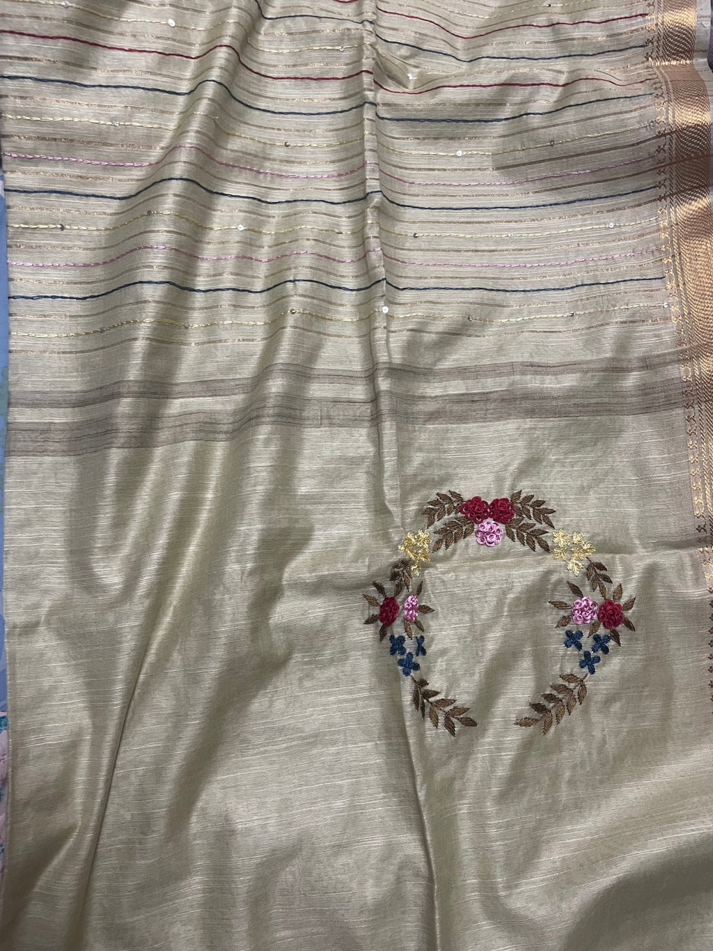 Embroidered Linen Silk Off White Saree - Classic to Modern