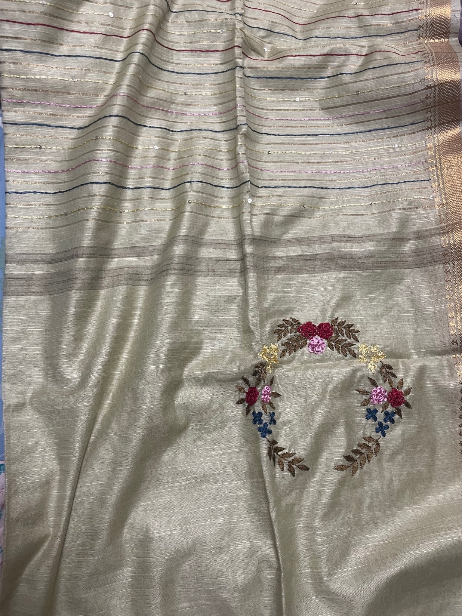 Embroidered Linen Silk Off White Saree - Classic to Modern