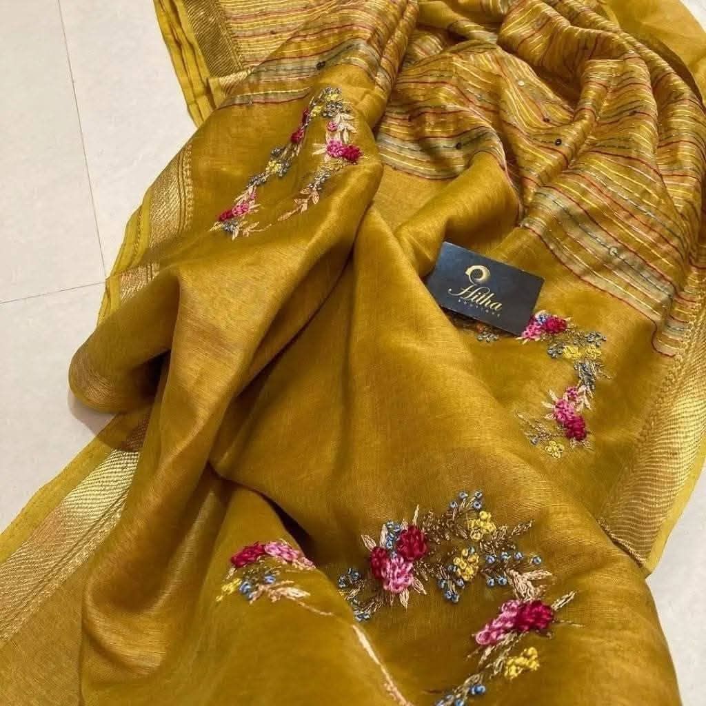 Embroidered Mustard Linen Silk Saree - Classic to Modern