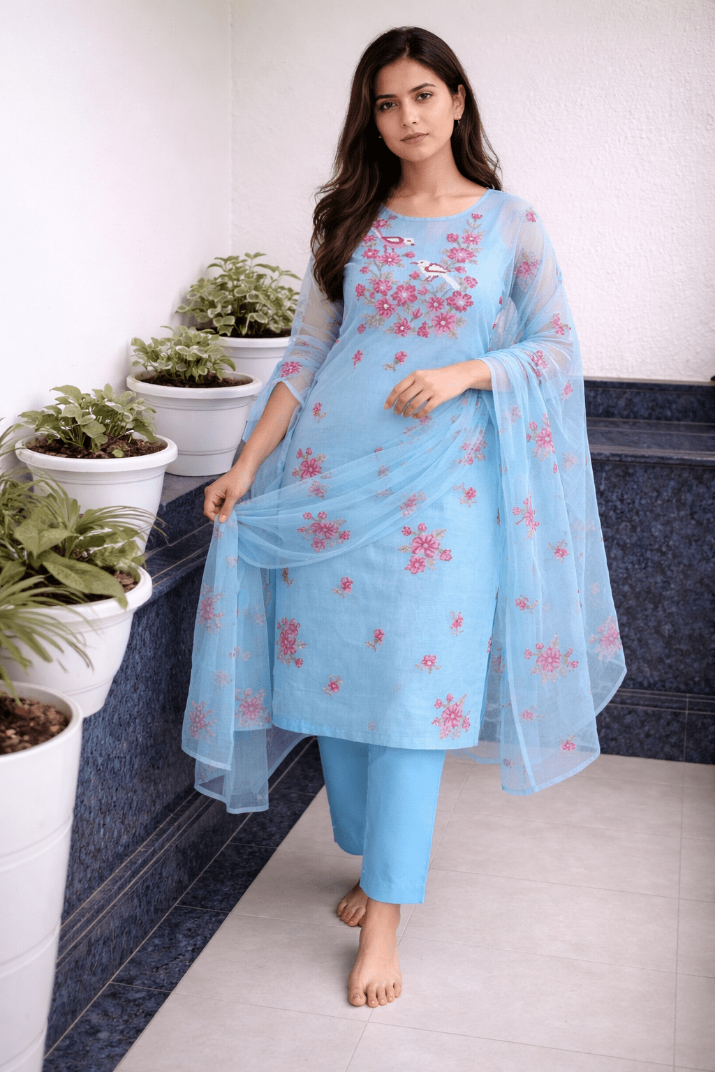 Embroidered Sky Blue Kota Unstitched Salwar Material - Classic to Modern