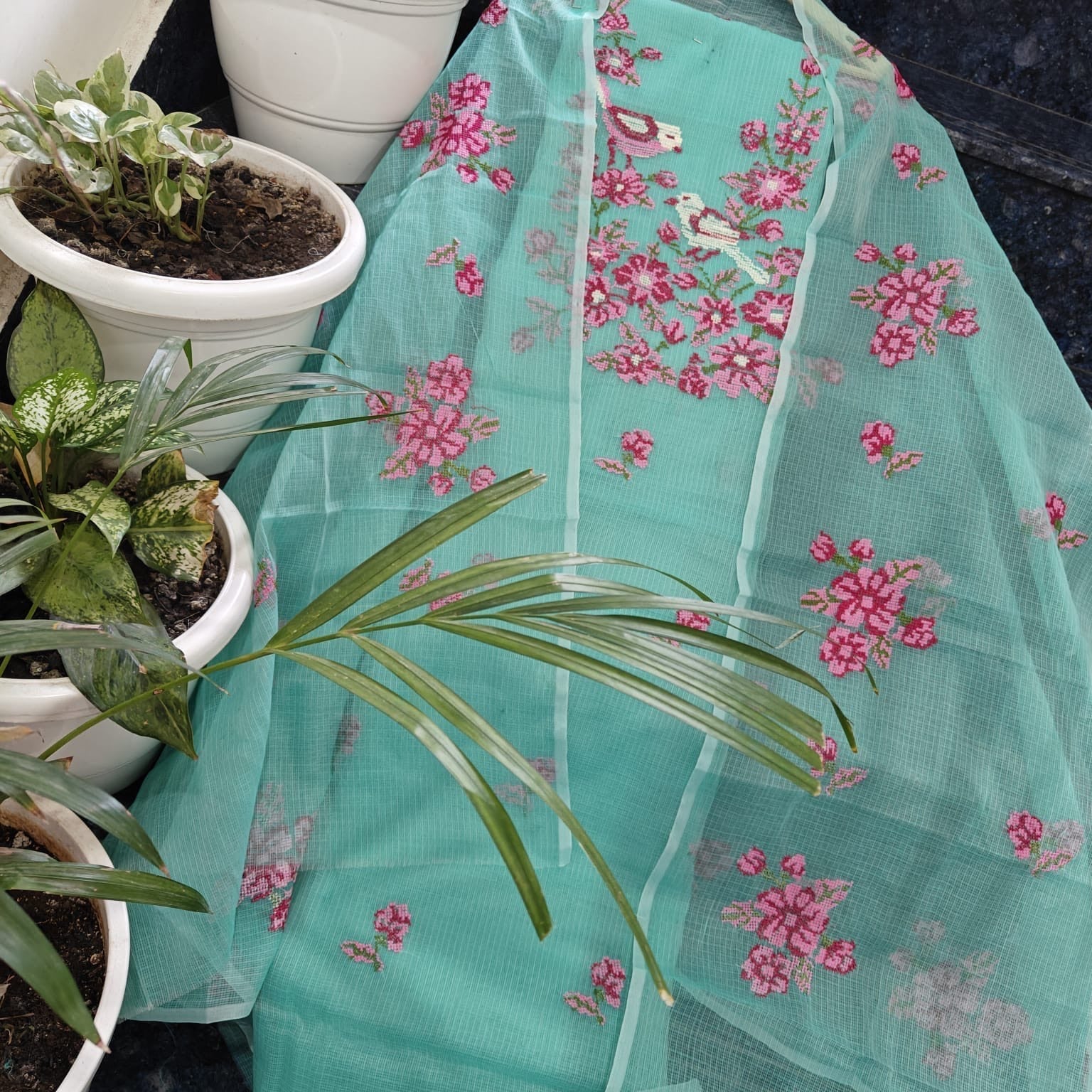 Embroidered Turquoise Kota Unstitched Salwar Material - Classic to Modern