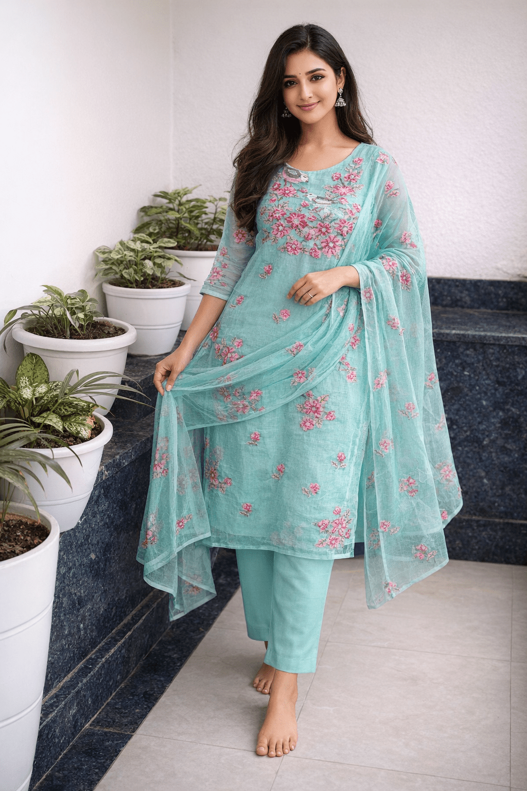Embroidered Turquoise Kota Unstitched Salwar Material - Classic to Modern