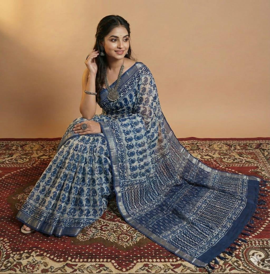 Indigo Linen cotton with mango design saree