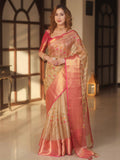 Gold and pink banarasi handwoven embroidery tissue saree with zari border - Classic to Modern