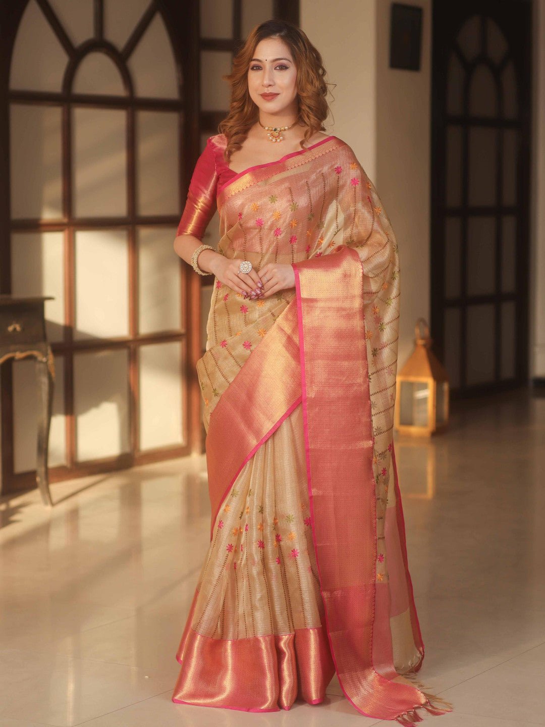Gold and pink banarasi handwoven embroidery tissue saree with zari border - Classic to Modern
