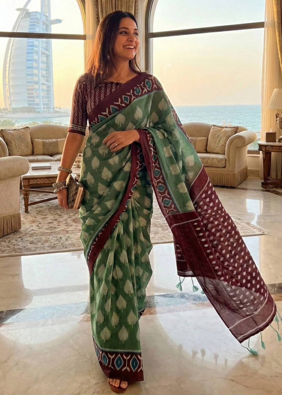 Green with brown soft cotton saree with hand bagru block printed work - Classic to Modern