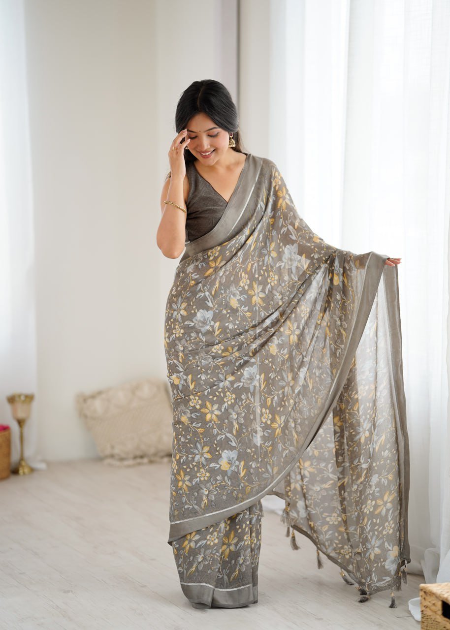 grey colour linen cotton saree with flower digital printed work - Classic to Modern