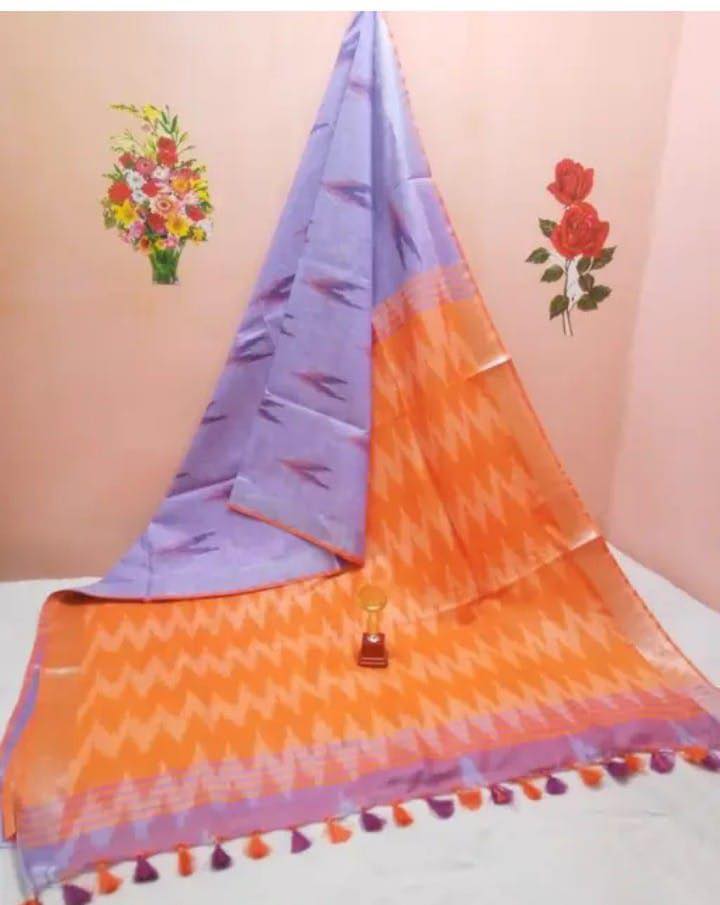 Ikkat Lavender with orange pallu saree - Classic to Modern