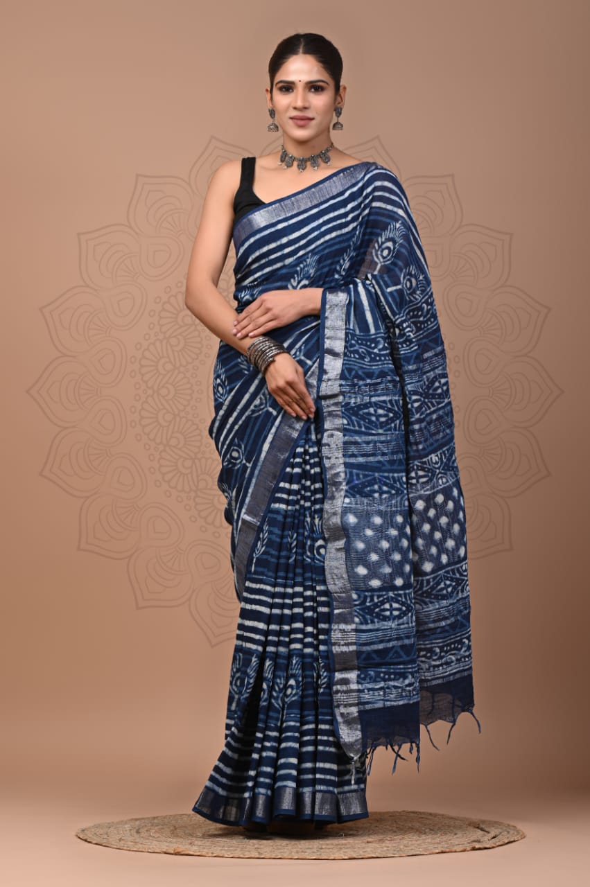 Indigo Linen cotton with peacock feather design saree - Classic to Modern