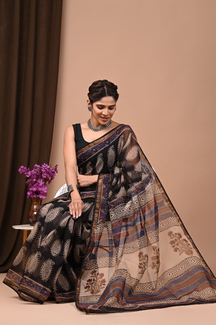 Kota doria black with cream border saree - Classic to Modern